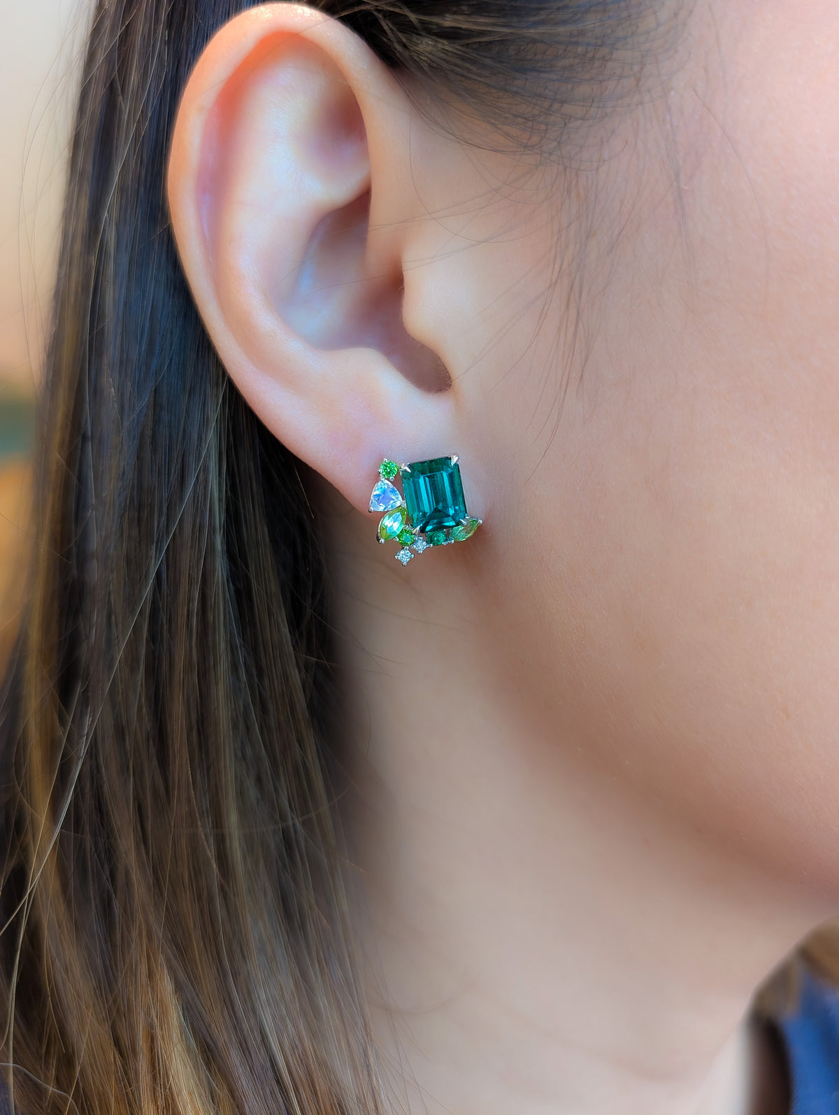 Emerald Cut Green Tourmaline Detachable Messy Drape Earrings