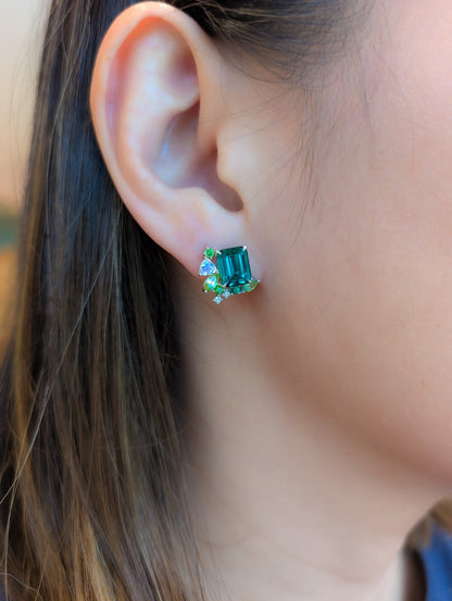 Emerald Cut Green Tourmaline Detachable Messy Drape Earrings
