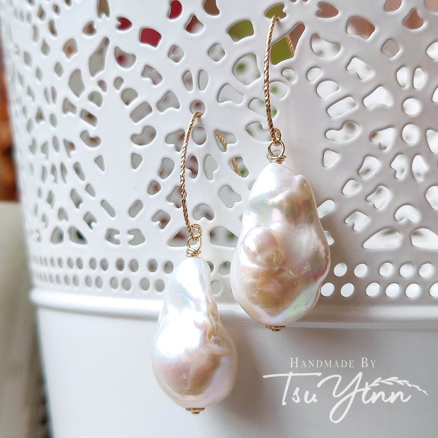 Large Hook White Baroque Pearl Earrings