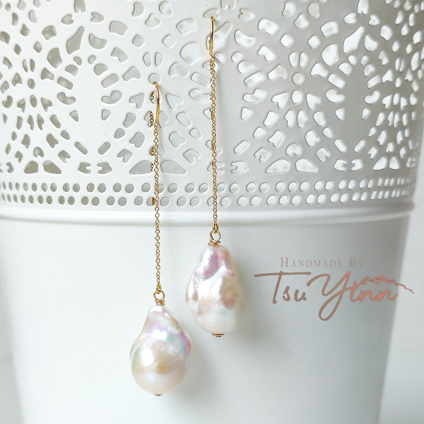 Gold-filled U-threaders White Baroque Pearl Earrings B