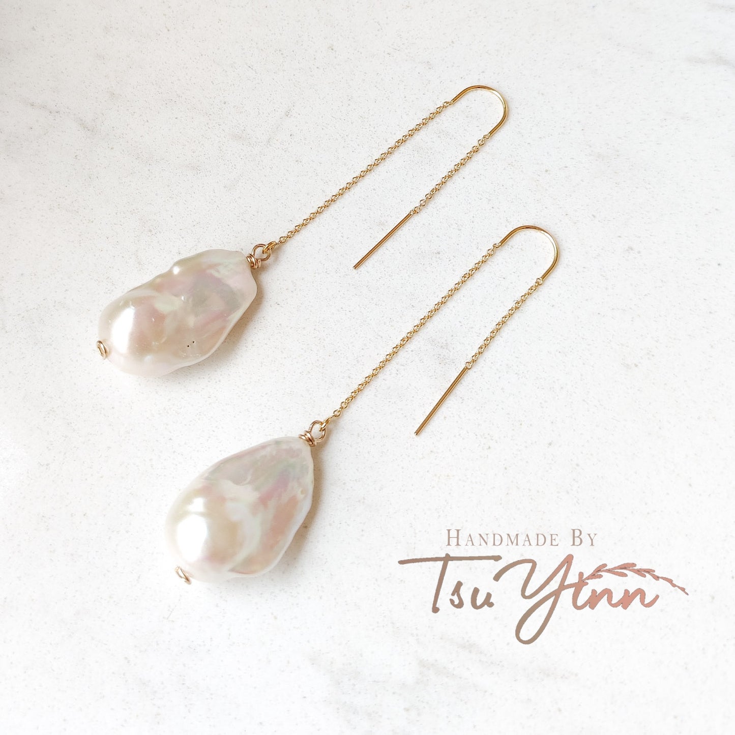 Gold-filled U-threaders White Baroque Pearl Earrings C