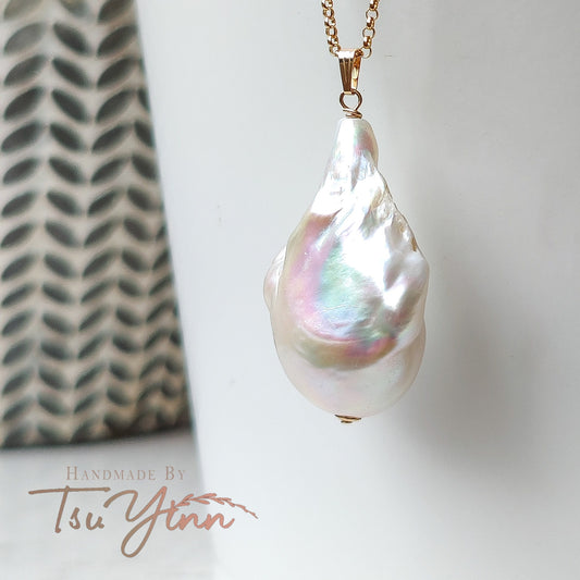 Gold-filled White Baroque Pearl Long Necklace
