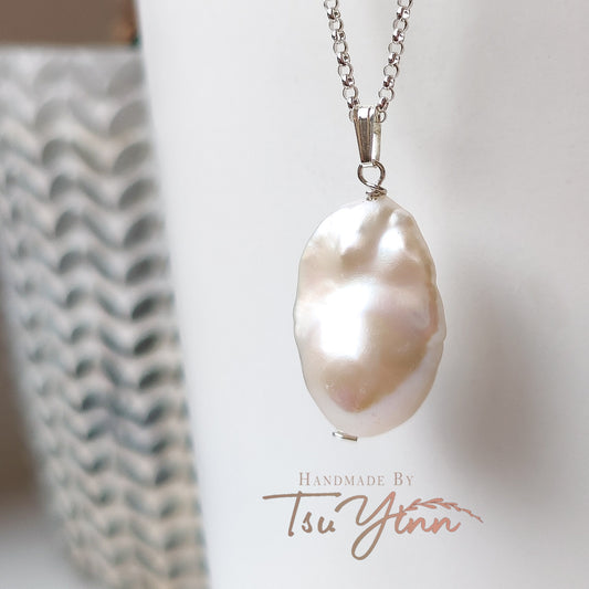 Sterling Silver White Baroque Pearl Necklace B