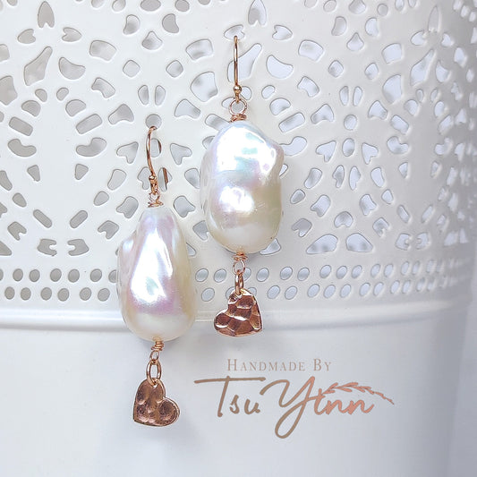 Petite Hearts White Baroque Pearl Earrings