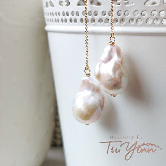 Gold-filled U-threaders White Baroque Pearl Earrings B