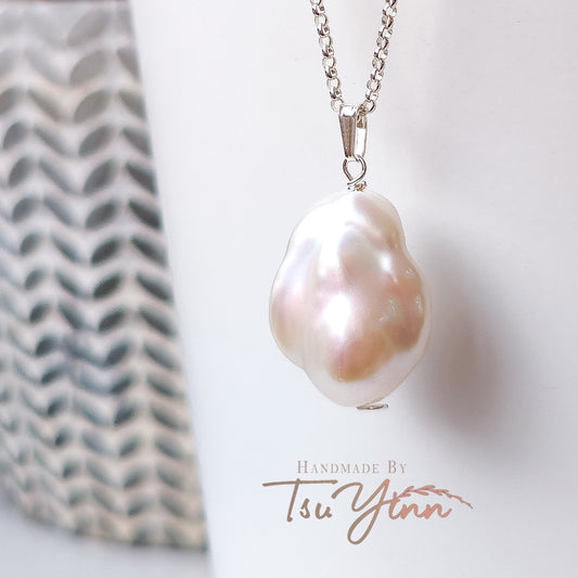 Sterling Silver White Baroque Pearl Necklace A
