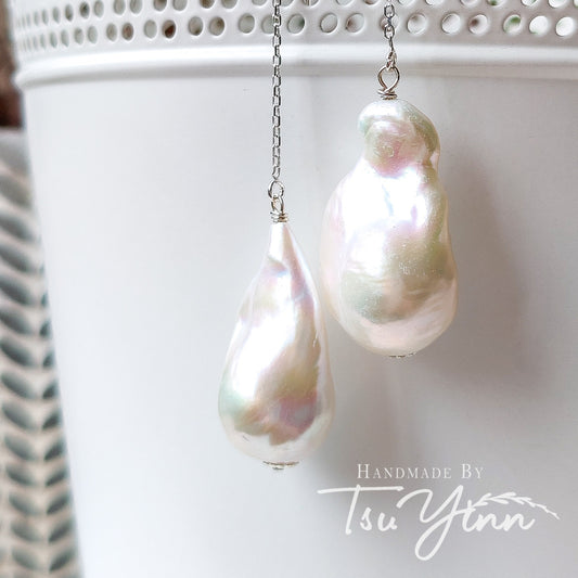 Sterling Silver U-threaders White Baroque Pearl Earrings A