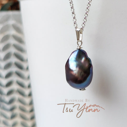 Sterling Silver Black Baroque Pearl Necklace