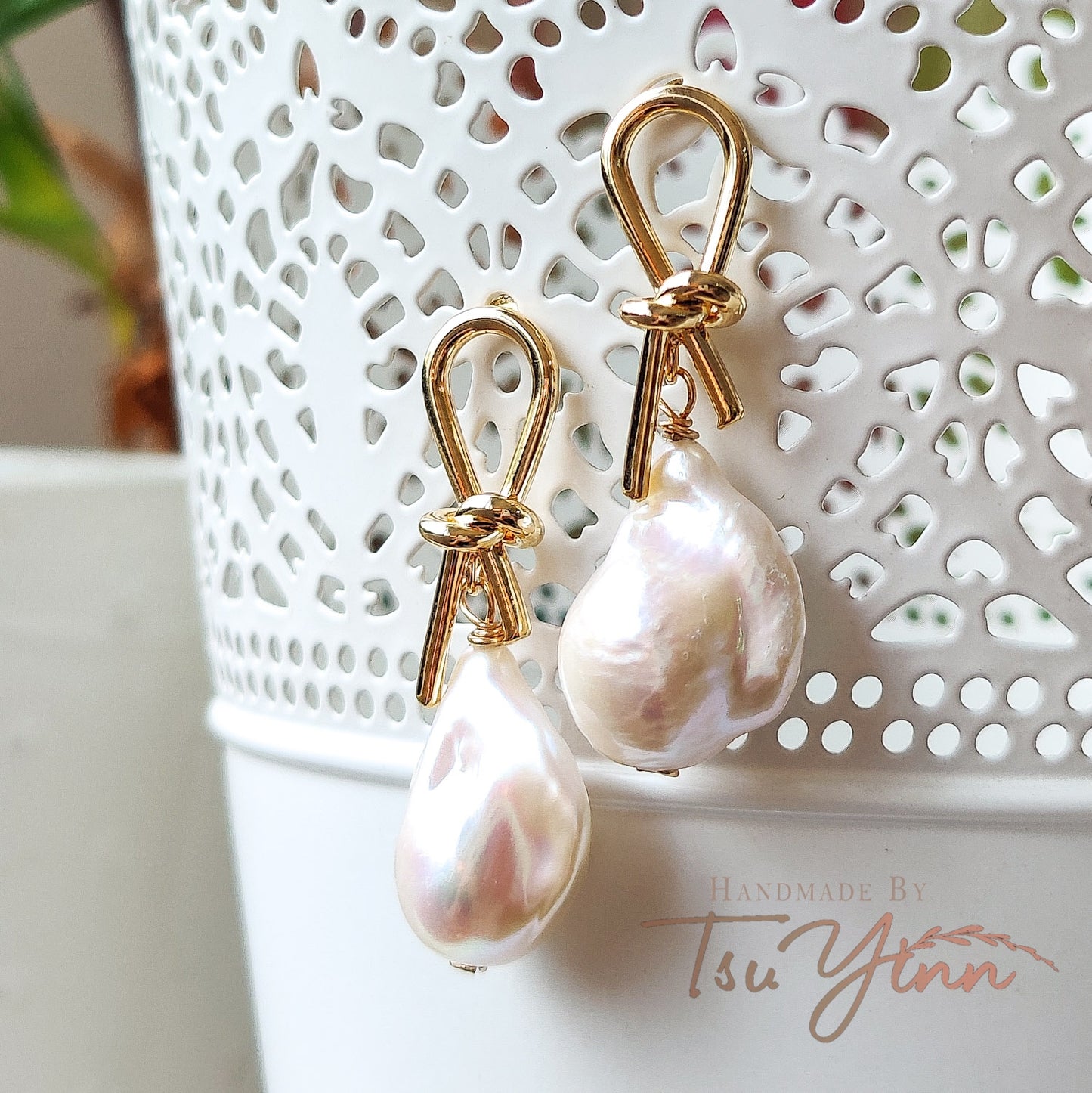 Tie a Knot White Baroque Pearl Earrings