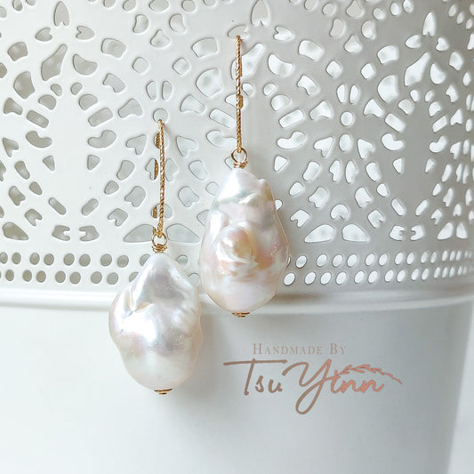 Large Hook White Baroque Pearl Earrings