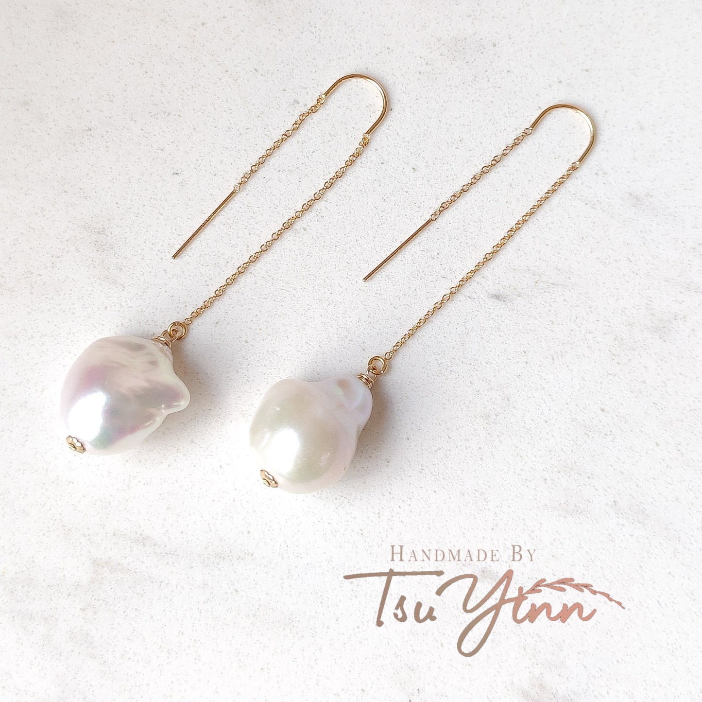 Gold-filled U-threaders White Baroque Pearl Earrings A