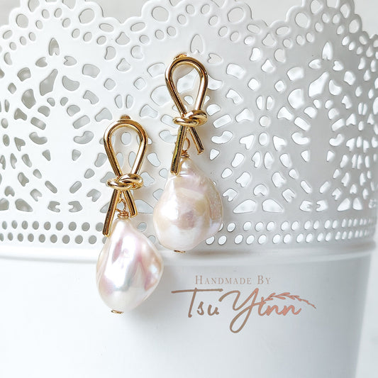 Tie a Knot White Baroque Pearl Earrings