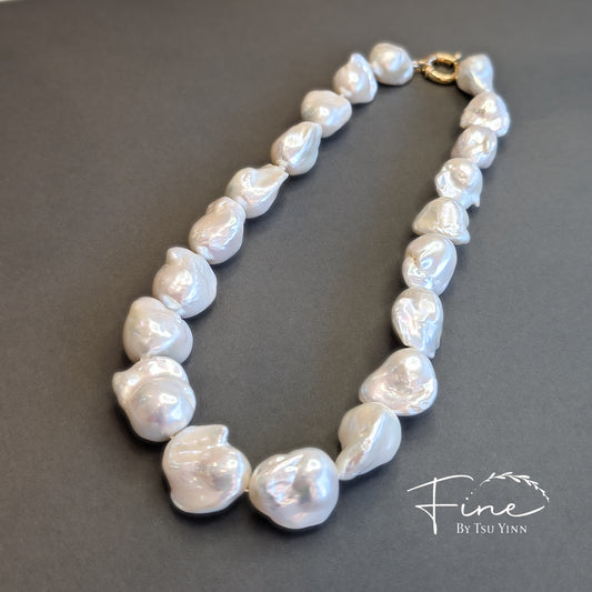 14K YG 15-18mm White Baroque Pearl Necklace