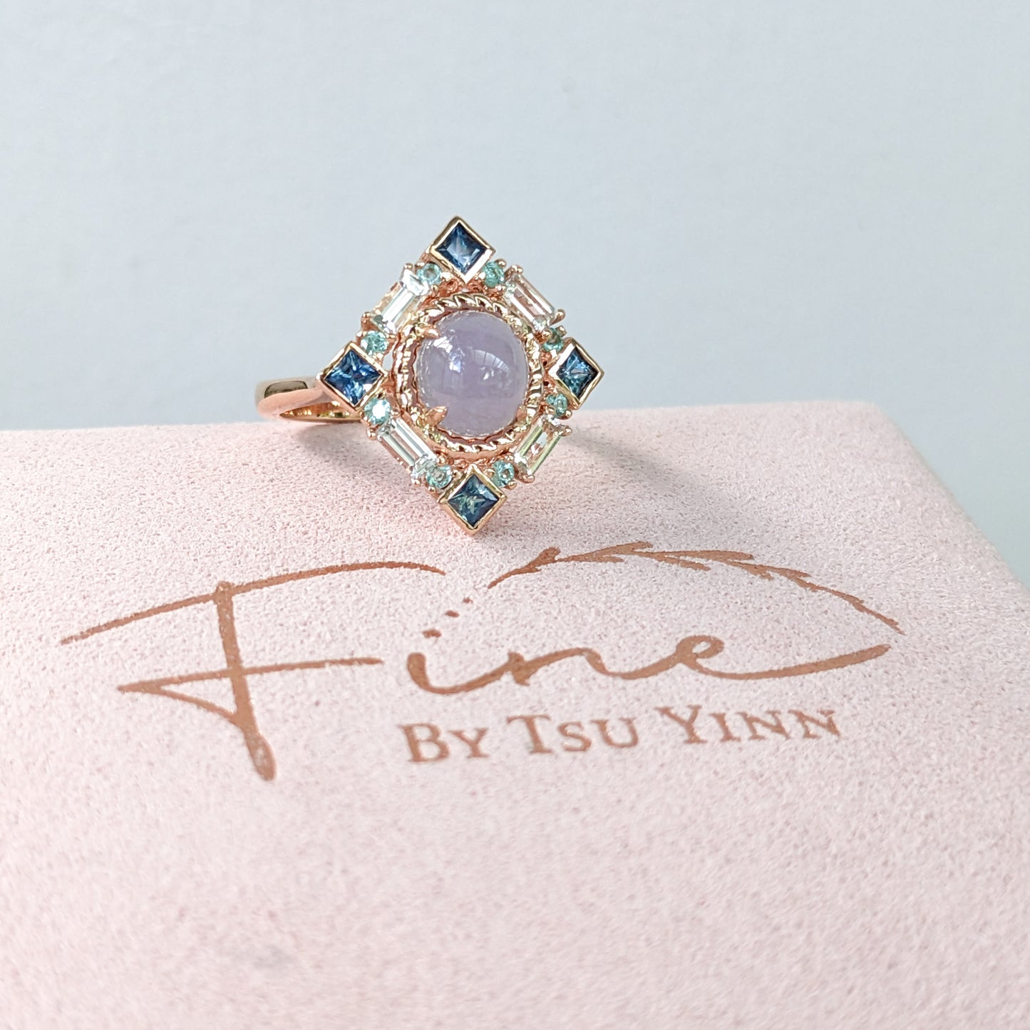 RG FBTY Brigette Halo Ring with Lavender Jadeite, Paraiba Tourmalines, and Teal and White Sapphires
