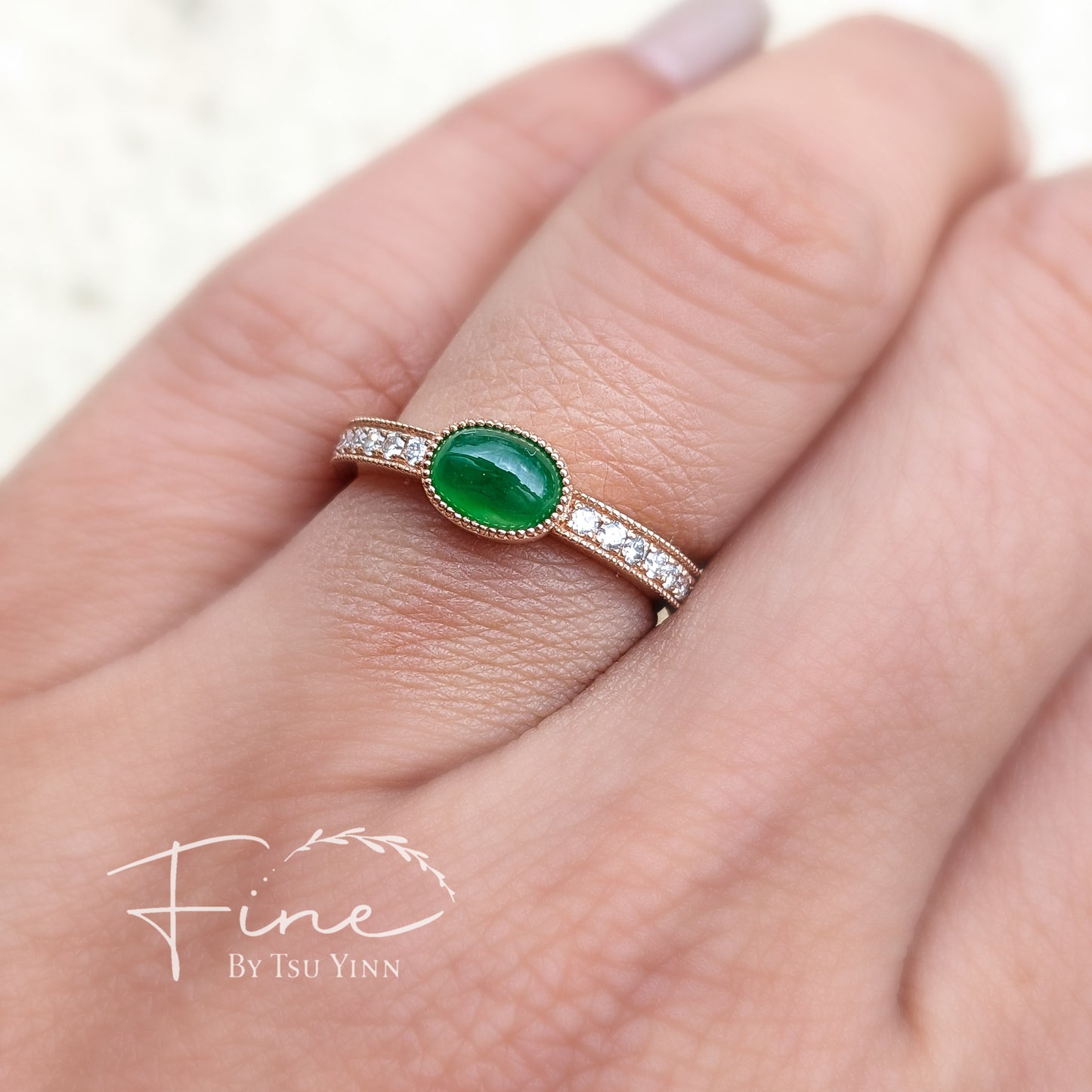 RG Imperial Green Jadeite Half Band Diamond Ring