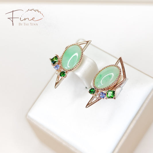 RG Oval Green Jadeite, Tsavorite, Blue Sapphire and Peach Diamond Earrings