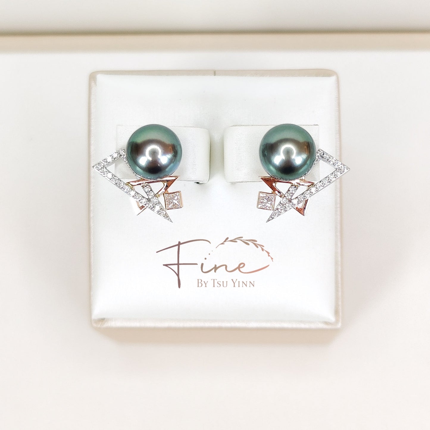 RG Double Studs Round Icy Jadeite and Tahitian Pearls Earrings